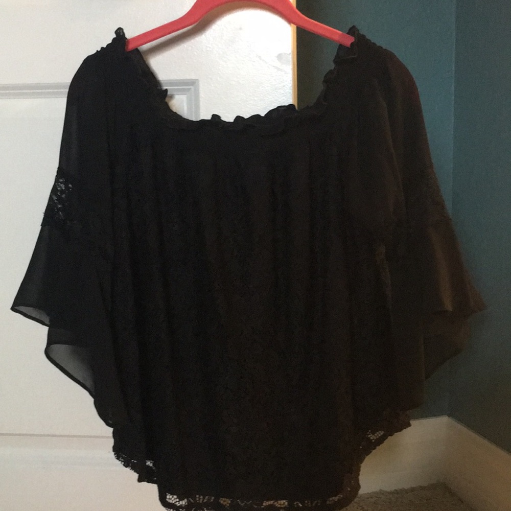 Black off shoulder flutter sleeve in lace
